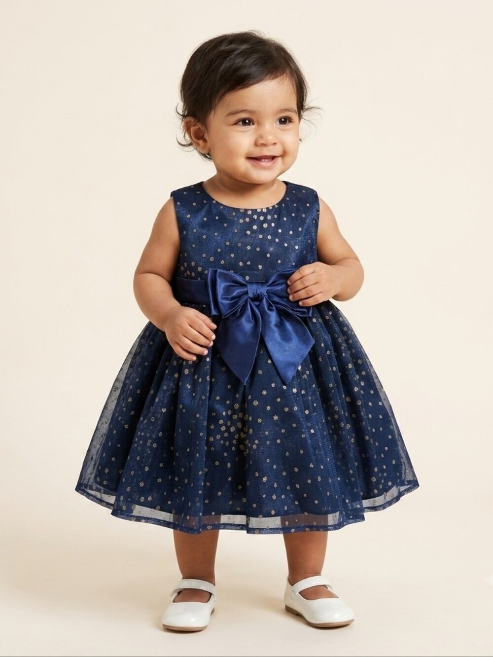 Rare Editions Girls Navy Blue Glitter Party Dress Satin Bow Sleeveless